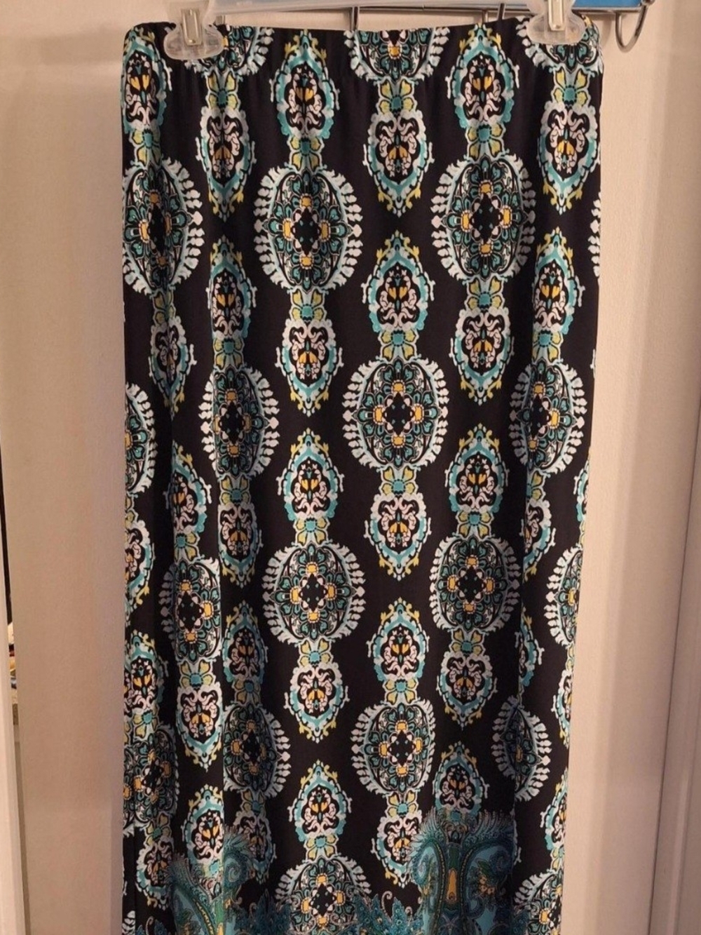 Cato Black Maxi Skirt with Teal, White, and Gold Medallion Print